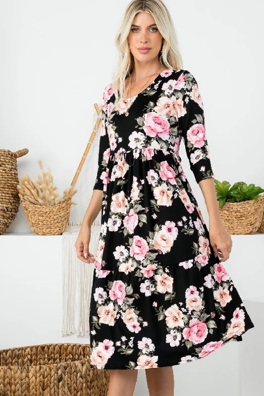 Tiered Midi Dress Style 286 in Black Floral