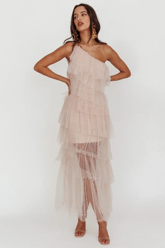 Arrabel Tiered Ruffle Tulle Maxi Dress Blush