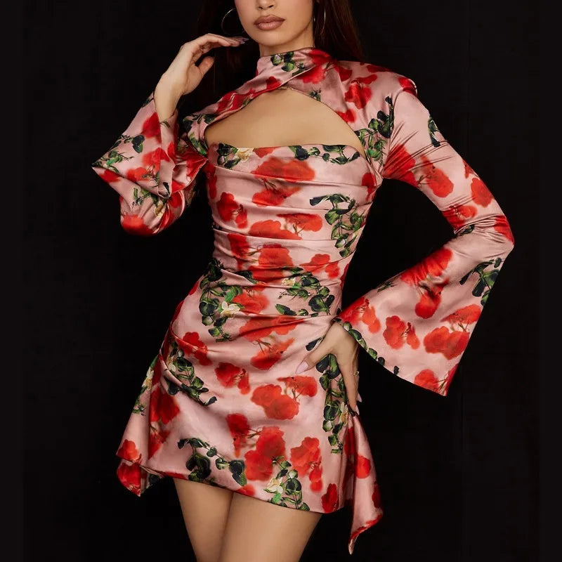 Bodycon Satin Print Sexy Hollow Out Long Sleeve Lady Elegant Party Mini Dress