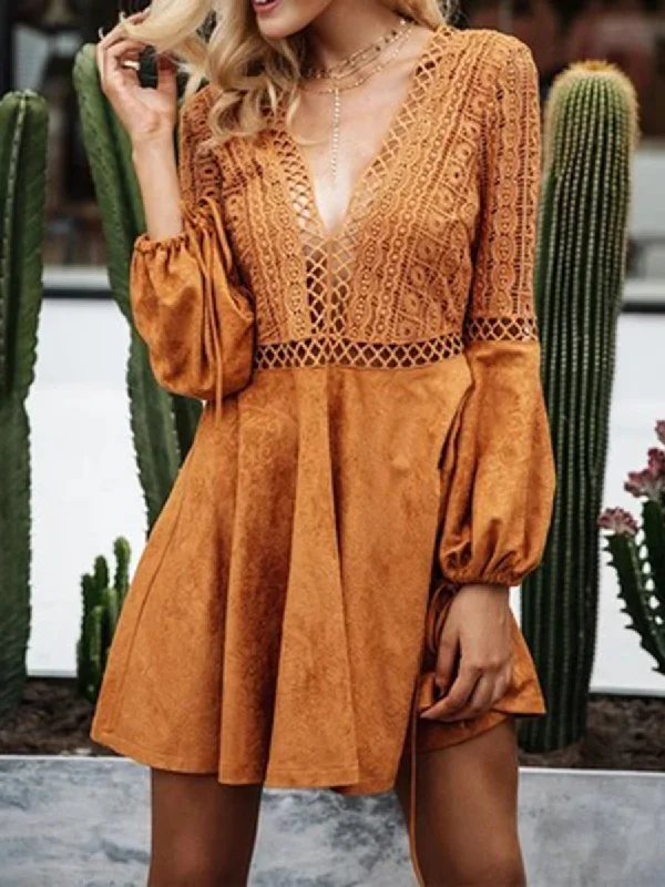 Bohemian Open Back Lace Long Bell Sleeve Mini Dress