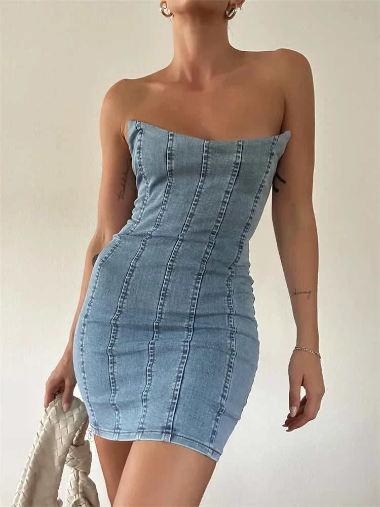 Sexy Denim Off Shoulder Slim Pencil Mini Dresses