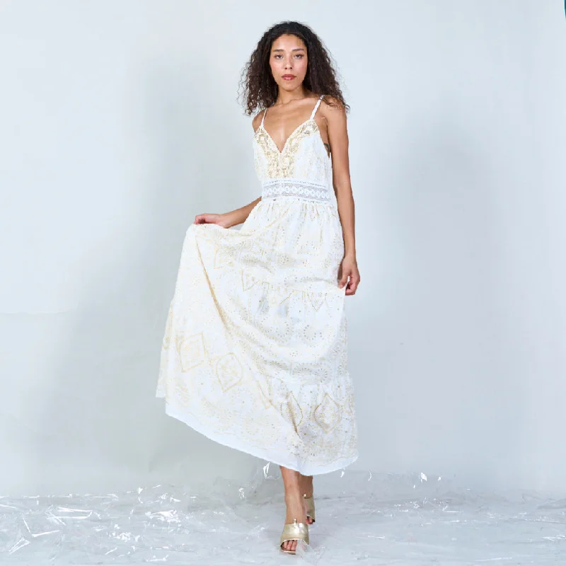 Embroidered maxi dress with lace trim wholesale