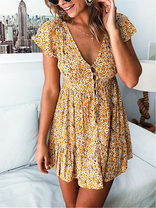 Fashion Floral V Neck Slim Mini Dresses