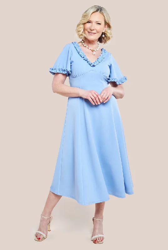 Goddiva Flare Sleeve Frill Edge Midi Dress - Corn Flower Blue