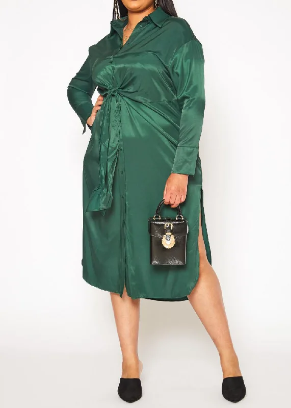 Hi Curvy Plus Size Women Satin Button Front Midi Dress