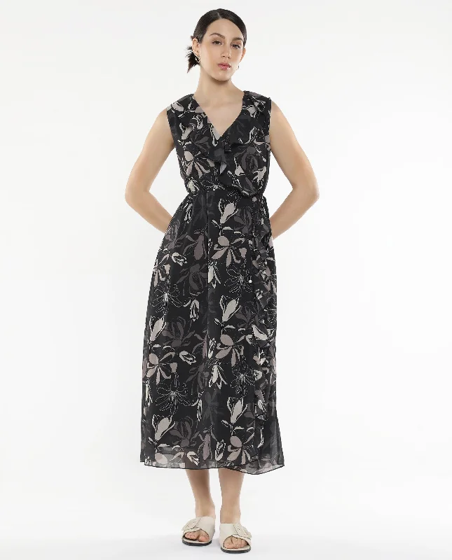 Rareism Women Licia Black Sleeveless Over Lap Neck Loop A-Line Floral Print Maxi Dress