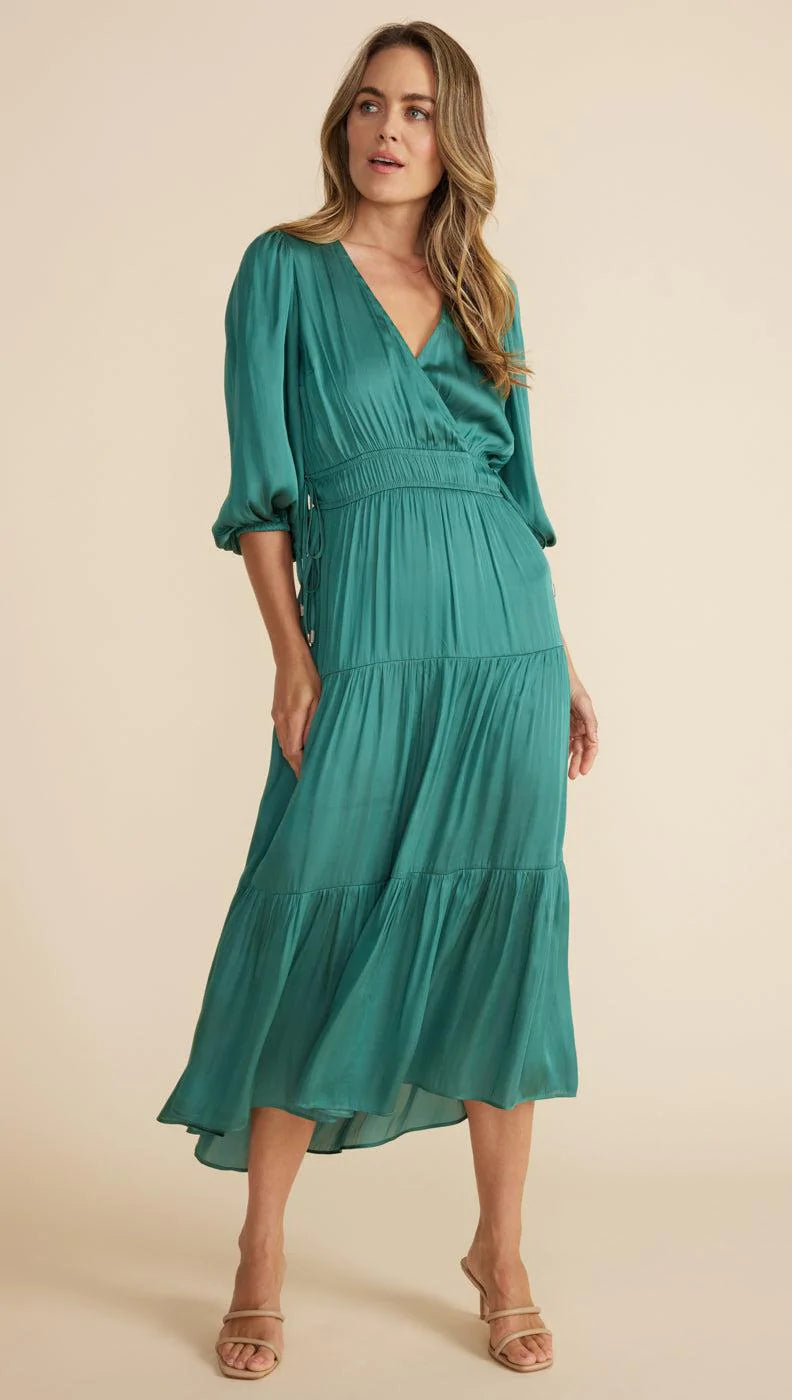 MINK PINK ANYA WRAP FRONT MIDI DRESS BRIGHT EMERALD