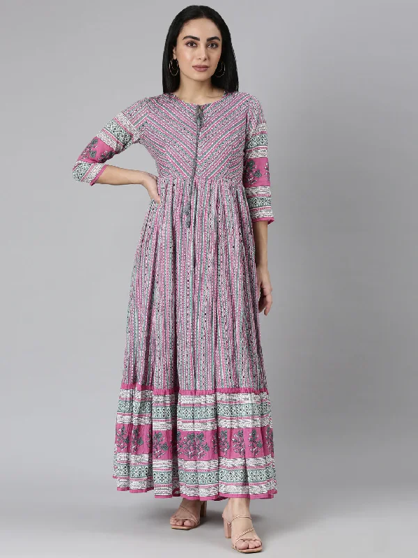 Neerus Pink Curved Casual Ethnic Motifs Maxi Dresses