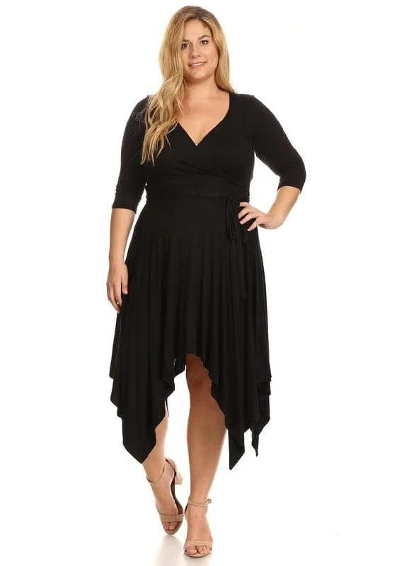 Plus Size women Asymmetric Pleated hem Wrapped Flare Midi Dress 3/4 Sleeves