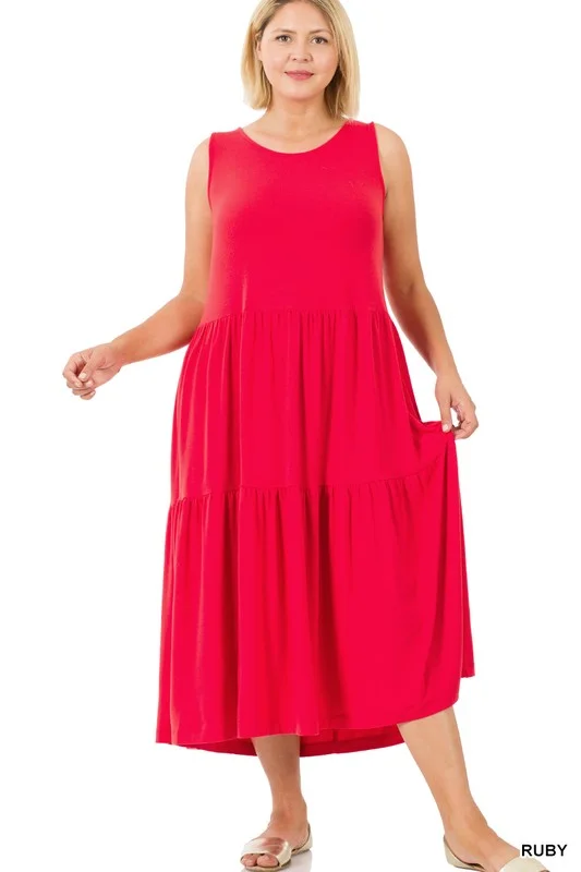 HI Curvy Plus Size Women Sleeveless Tiered Midi Dress