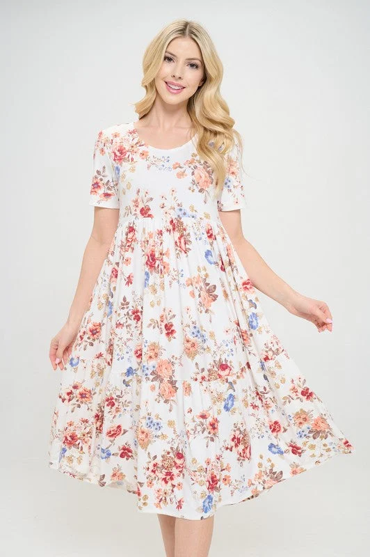 Tiered Floral Midi Dress in Ivory Floral Style 333