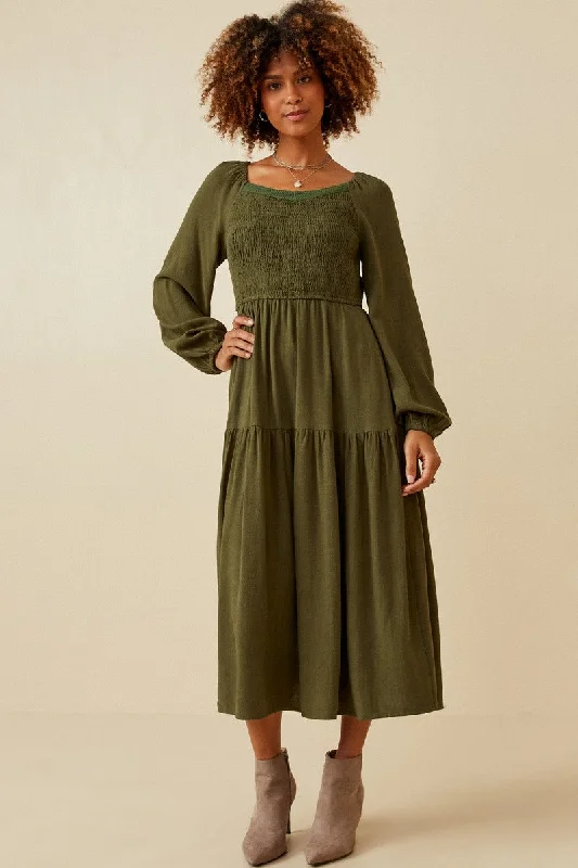 Smocked Waist Tiered Midi Dress Style 1454 in Olive