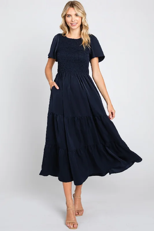 Solid Smocked Midi Dress Style 2042 in Midnight