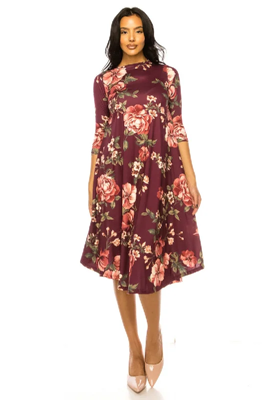 Swing Trapeze Midi Dress Style 2034 in Wine, Teal or Olive Floral