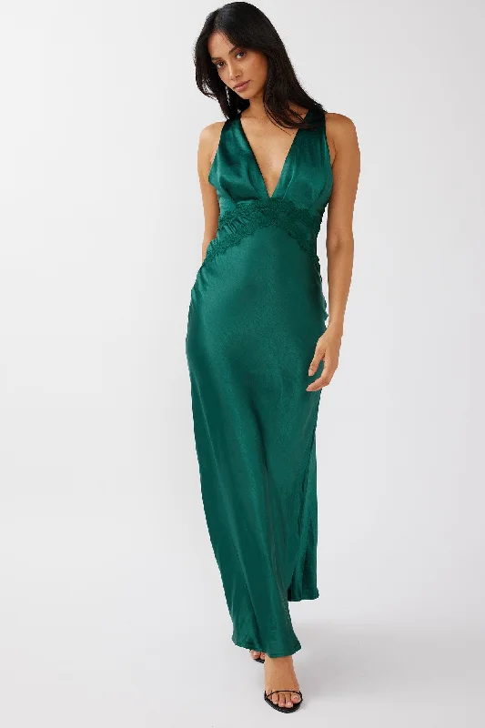 Theriz Lace Trim Tied Back Maxi Dress Green Elegant Maxi Dress with Lace