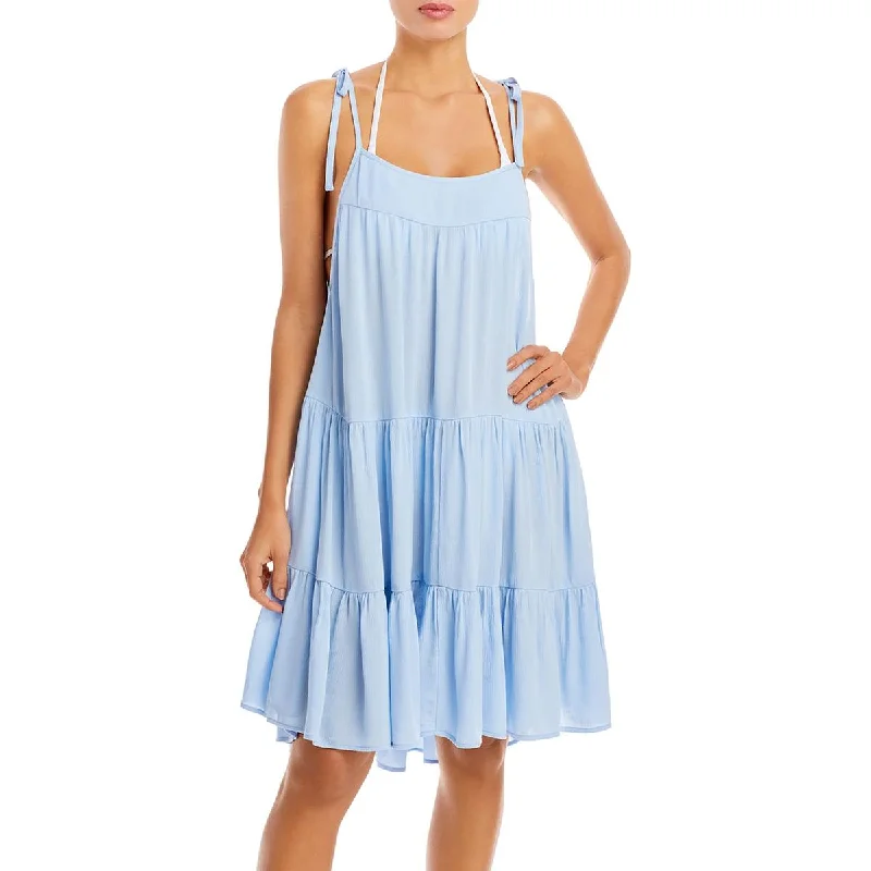 Aqua Swim Womens Tie Shoulder Dress Cover-Up Solid Color Swimsuit