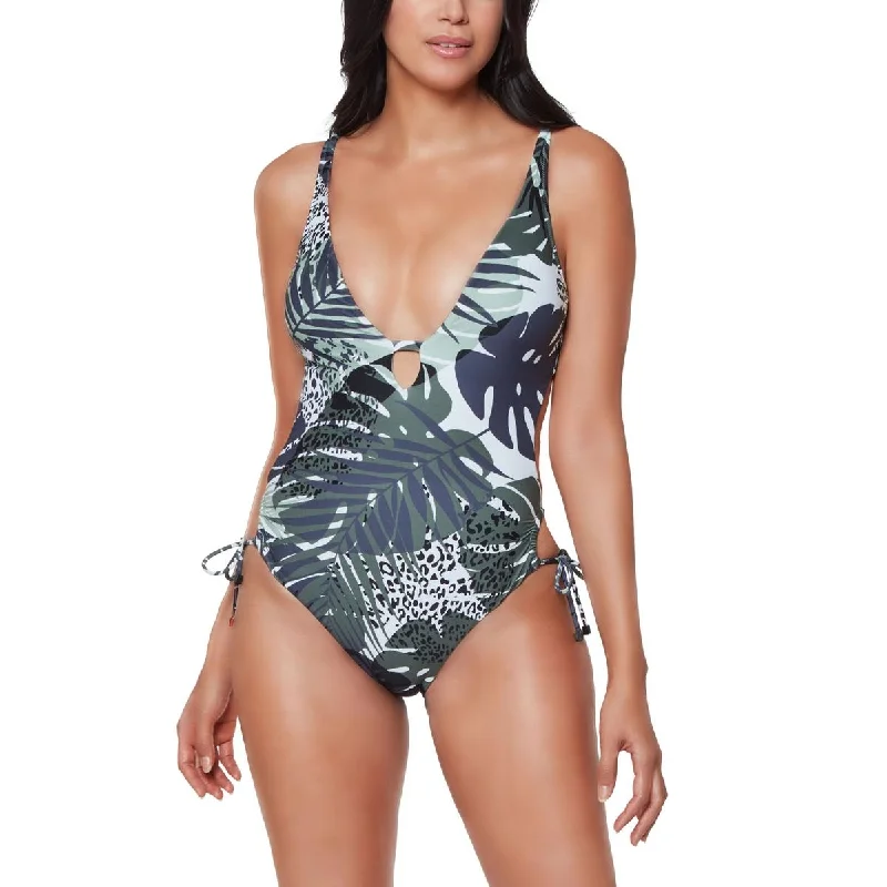 Bar III Womens Printed Side Tie One-Piece Swimsuit Reversible Bikini Set