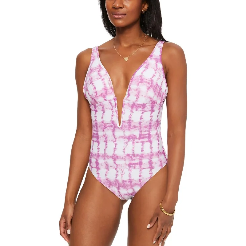 Bar III Womens Tie-Dye Plunging One-Piece Swimsuit Elegant Ruffled Bikini