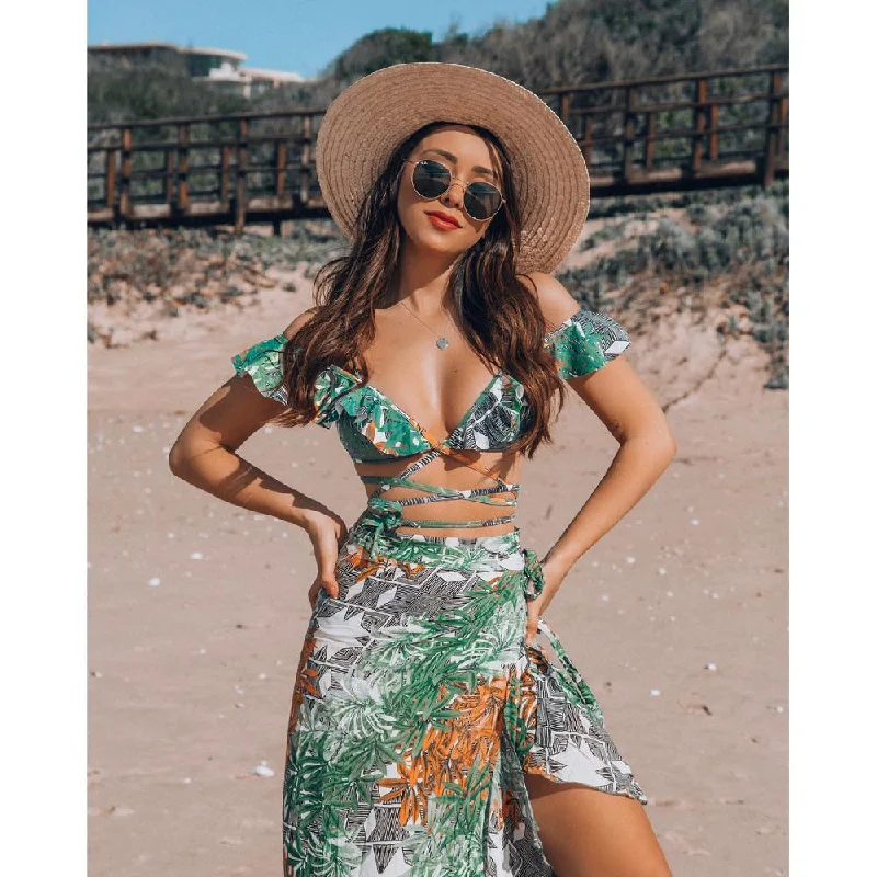 Bikini Cover Up Lace Hollow Crochet Swimsuit Beach Dress Floral Print Swimsuit