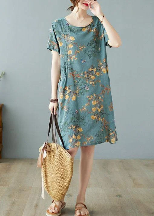 Boutique Blue Pockets Print Mini Dresses O Neck Trendy Button-Detail Mini Dress