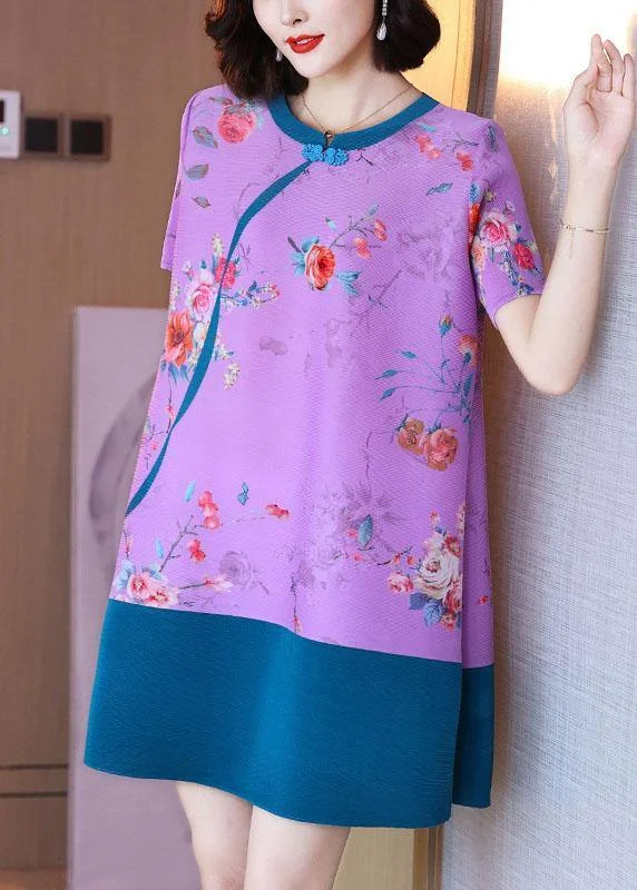 Elegant Purple Floral Oriental Mini Dress Summer Outfits Fashionable Lace Mini Dress