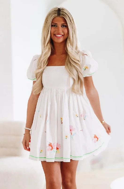 Far Away Babydoll Mini Dress - White Comfortable Zip-Up Mini Dress