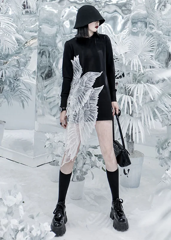 Fashion Black O-Neck Wing Embroideried Tulle Patchwork Cotton Mini Dress Long Sleeve Cozy Satin Mini Dress Fashion Black O-Neck Wing Embroideried Tulle Patchwork Cotton Mini Dress Long Sleeve Cozy Satin Mini Dress