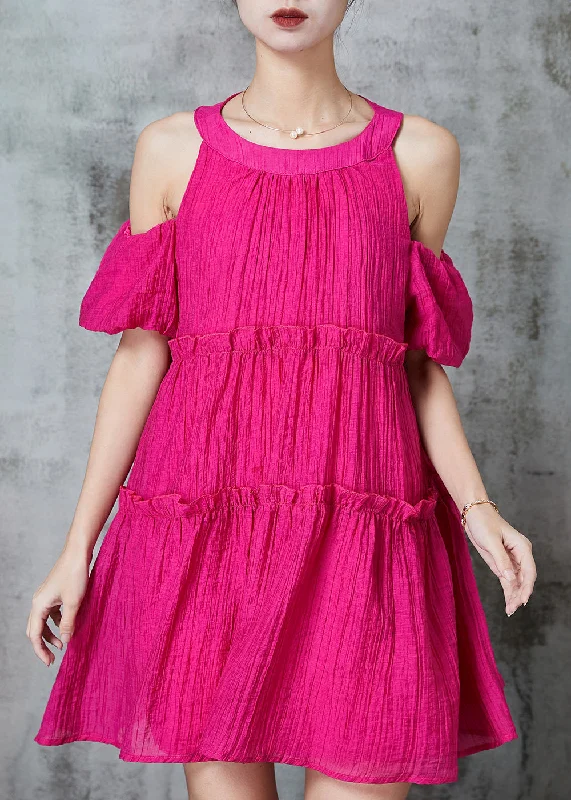 French Rose Cold Shoulder Ruffled Mini Dress Summer Cozy Knitted Mini Dress