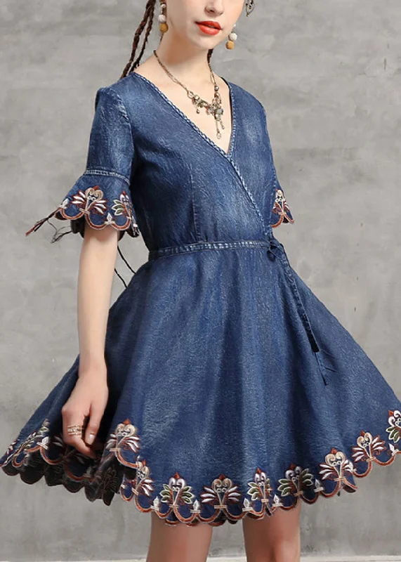 Handmade Denim Blue V Neck Embroideried Tie Waist Cotton Mini Dresses Short Sleeve Elegant Floral-Print Mini Dress Handmade Denim Blue V Neck Embroideried Tie Waist Cotton Mini Dresses Short Sleeve Elegant Floral-Print Mini Dress