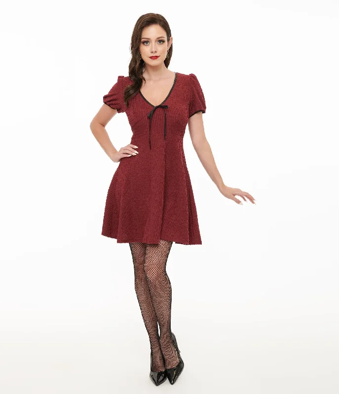 Killstar Burgundy Ribbed Chaseleigh Mini Dress Comfortable Off-Shoulder Mini Dress
