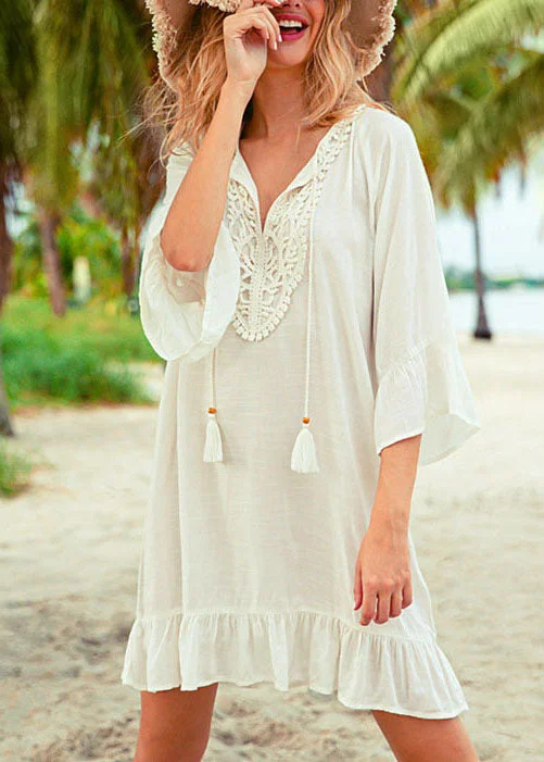 Loose White Patchwork Hollow Out flare sleeve Mini Dress Summer Cotton Dress Trendy Tulle Mini Dress Loose White Patchwork Hollow Out flare sleeve Mini Dress Summer Cotton Dress Trendy Tulle Mini Dress