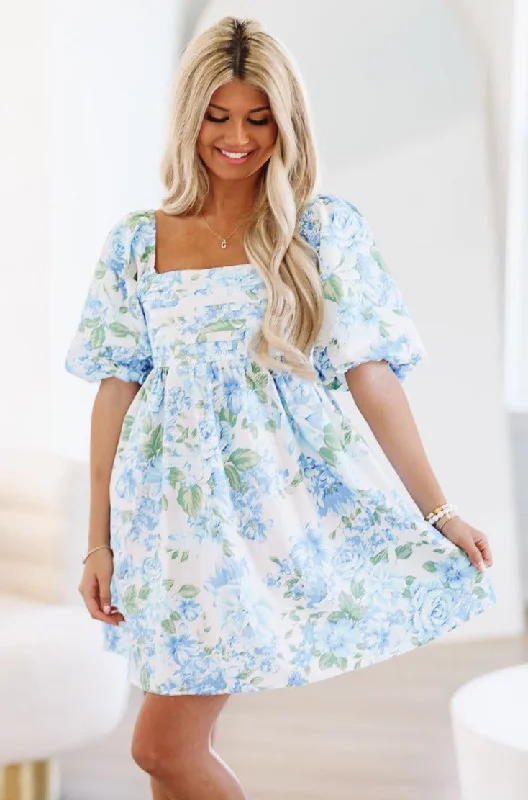 My Blue Roses Mini Dress - Ivory, Blue and Green Trendy Lace Mini Dress