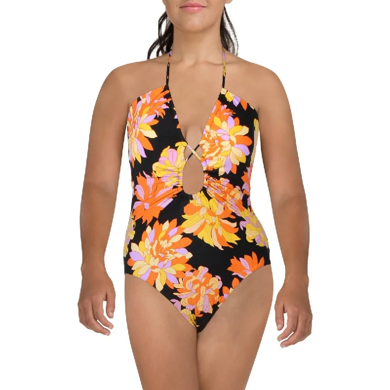 Seafolly Womens Floral Print Nylon One-Piece Swimsuit Halter Top Bikini