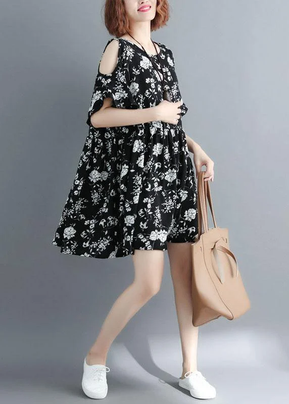 Simple Black Loose Print Summer Party Mini Dress Half Sleeve Fashionable Pleated Mini Dress Simple Black Loose Print Summer Party Mini Dress Half Sleeve Fashionable Pleated Mini Dress