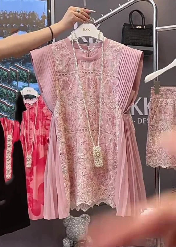 Style Pink Wrinkled Patchwork Lace Mini Dresses Summer Casual V-Neck Mini Dress
