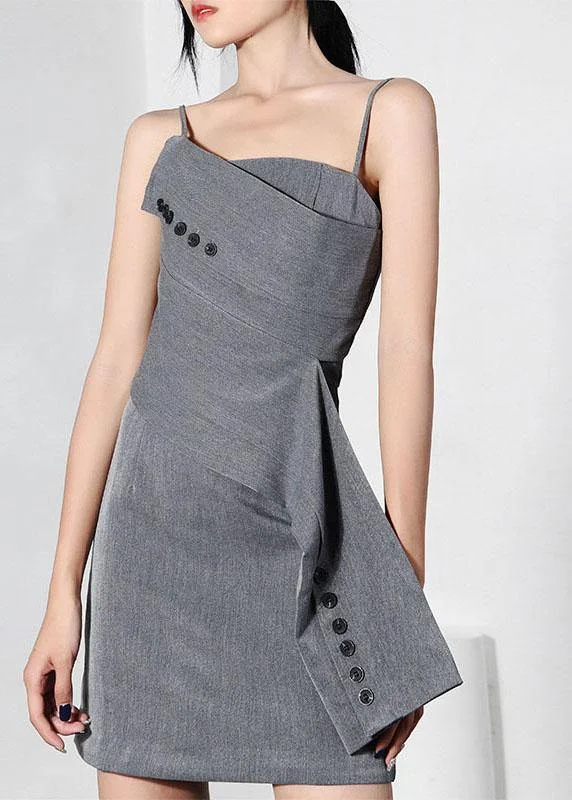 Trendy Grey asymmetrical design Button Spaghetti Strap Mini Dress Stylish Summer Mini Dress Trendy Grey asymmetrical design Button Spaghetti Strap Mini Dress Stylish Summer Mini Dress