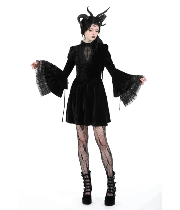 Western Fashion Black Gothic Cross Bell Sleeve Velvet Mini Dress Stylish Puff Sleeve Mini Dress Western Fashion Black Gothic Cross Bell Sleeve Velvet Mini Dress Stylish Puff Sleeve Mini Dress