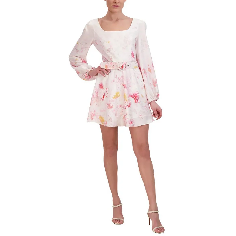 BCBGMAXAZRIA Womens Printed Short Mini Dress White 0 Cozy Cowl Neck Mini Dress