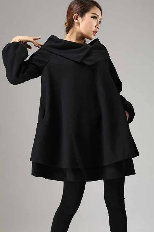Black wool dress mini dress swing dress 0733# Comfortable Linen Mini Dress