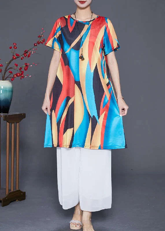Boutique Red Blue Oversized Print Ice Silk Mini Dress Summer Trendy Mesh Mini Dress