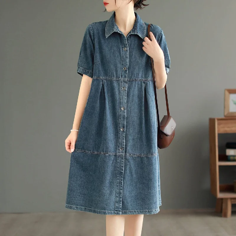 Casual Minimalist Cotton Denim Mini Dress Comfortable Smocked Mini Dress