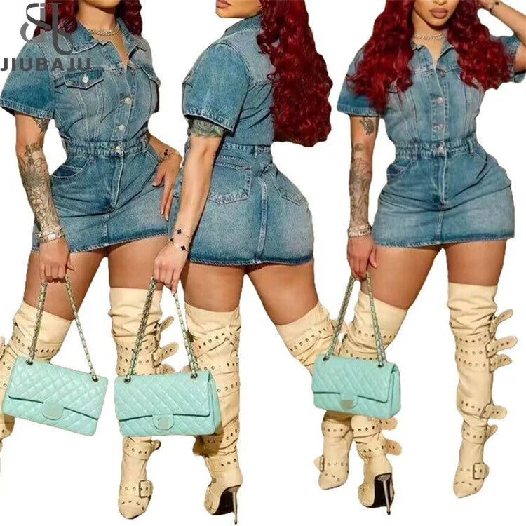 Casual Street Denim Women Mini Dress Vintage Button Short Sleeve Elegant Fashion Dress Chic Pleated Mini Dress Casual Street Denim Women Mini Dress Vintage Button Short Sleeve Elegant Fashion Dress Chic Pleated Mini Dress
