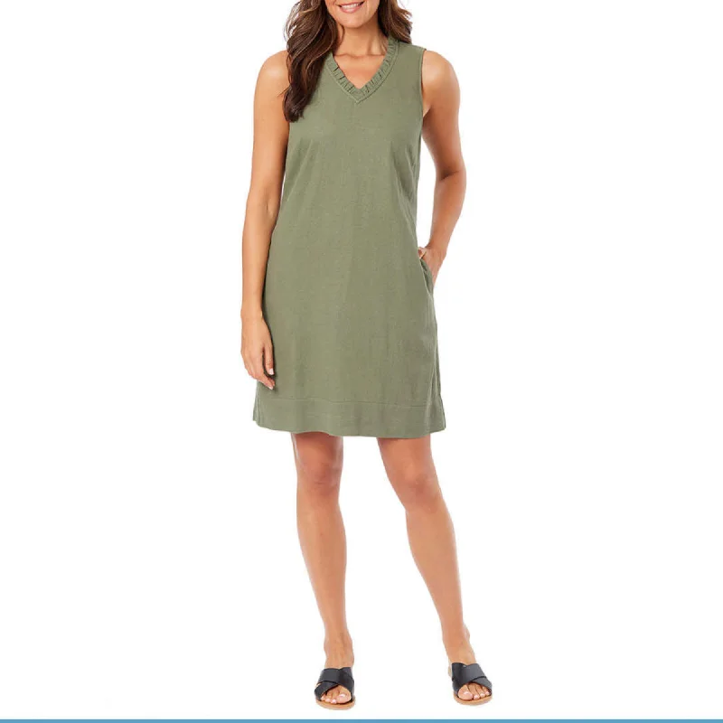 Briggs Women's Ruffle Trim V-Neck Linen Blend Side Pockets Mini Dress Comfortable Polka Dot Mini Dress Briggs Women's Ruffle Trim V-Neck Linen Blend Side Pockets Mini Dress Comfortable Polka Dot Mini Dress