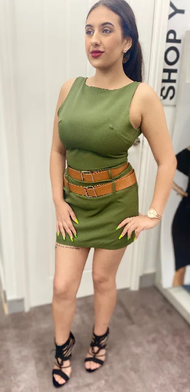 ROSIE KHAKI DOUBLE BELTED STRETCH SLEEVELESS MINI DRESS Fashionable Polka Dot Mini Dress ROSIE KHAKI DOUBLE BELTED STRETCH SLEEVELESS MINI DRESS Fashionable Polka Dot Mini Dress