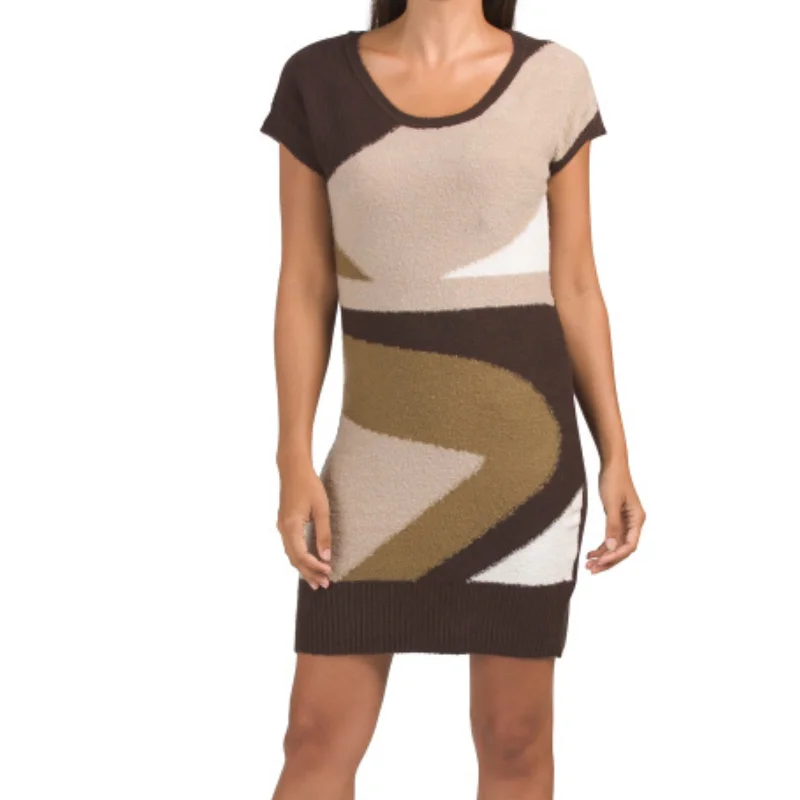 VERTIGO Paris Women's Short Sleeve Abstract Print Knit Mini Dress Cozy Ruched Mini Dress VERTIGO Paris Women's Short Sleeve Abstract Print Knit Mini Dress Cozy Ruched Mini Dress