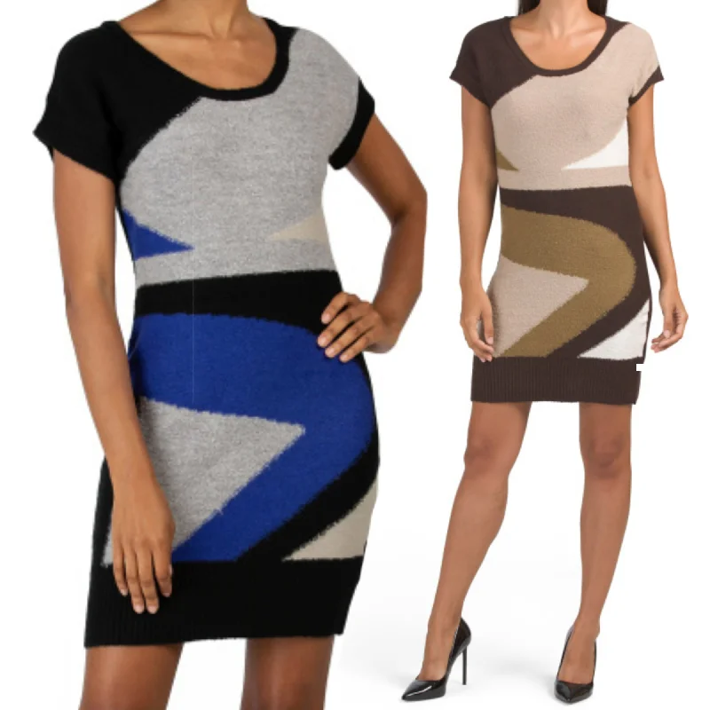 VERTIGO Paris Women's Short Sleeve Abstract Print Knit Mini Dress Fashionable Mini Dress with Pockets VERTIGO Paris Women's Short Sleeve Abstract Print Knit Mini Dress Fashionable Mini Dress with Pockets