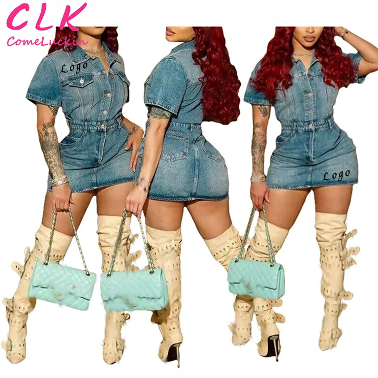 Custom Logo Casual Street Denim Women Mini Dress Vintage Button Short Sleeve Elegant Fashion Dress Comfortable Boho Mini Dress Custom Logo Casual Street Denim Women Mini Dress Vintage Button Short Sleeve Elegant Fashion Dress Comfortable Boho Mini Dress