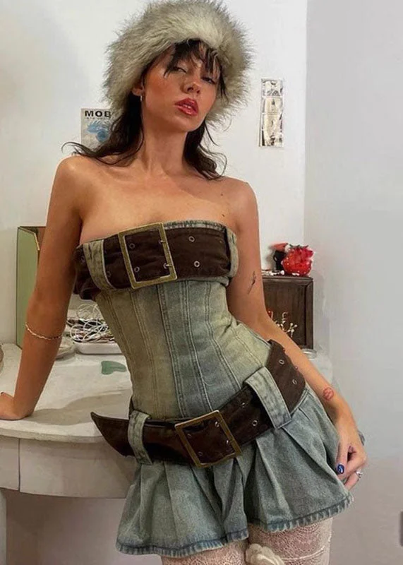 Fashion Blue Strapless Tie Waist Patchwork Denim Mini Dress Summer Elegant Mini Dress with Pleats Fashion Blue Strapless Tie Waist Patchwork Denim Mini Dress Summer Elegant Mini Dress with Pleats