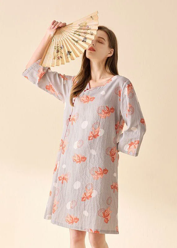 Fine Beige Print Oversized Cotton Mini Dresses Summer Comfortable Zip-Up Mini Dress
