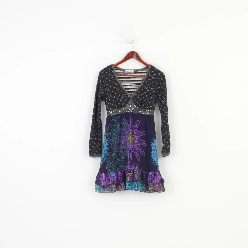 Forla Paris Women M Mini Dress Boho V Neck Long Sleeve Navy Geometric Print Frills Vintage Stylish Plaid Mini Dress Forla Paris Women M Mini Dress Boho V Neck Long Sleeve Navy Geometric Print Frills Vintage Stylish Plaid Mini Dress